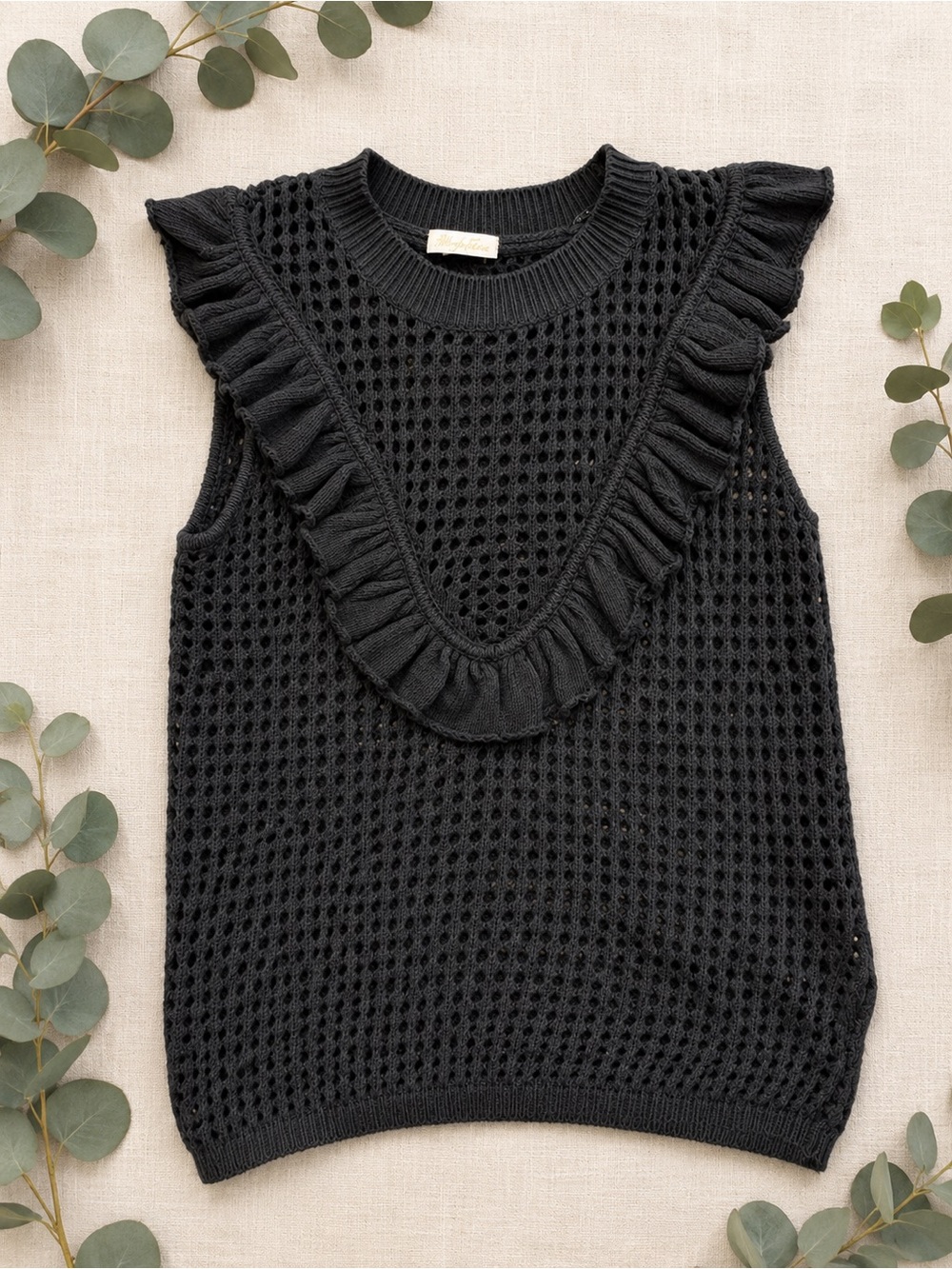 Minnie Rose Black Ruffle Open Knit Sweater Vest Size Small